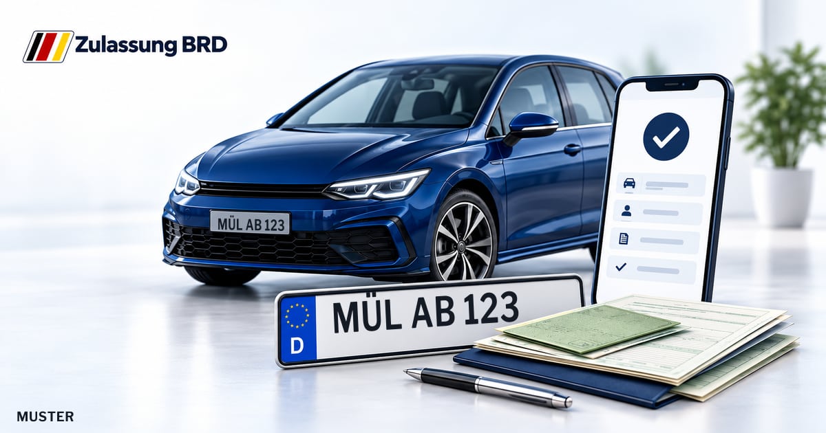 Online Fahrzeugzulassung in Breisach am Rhein: Musterkennzeichen MÜL AB 123, Auto und Fahrzeugpapiere und Smartphone. Illustration mit Logo von Zulassung BRD.